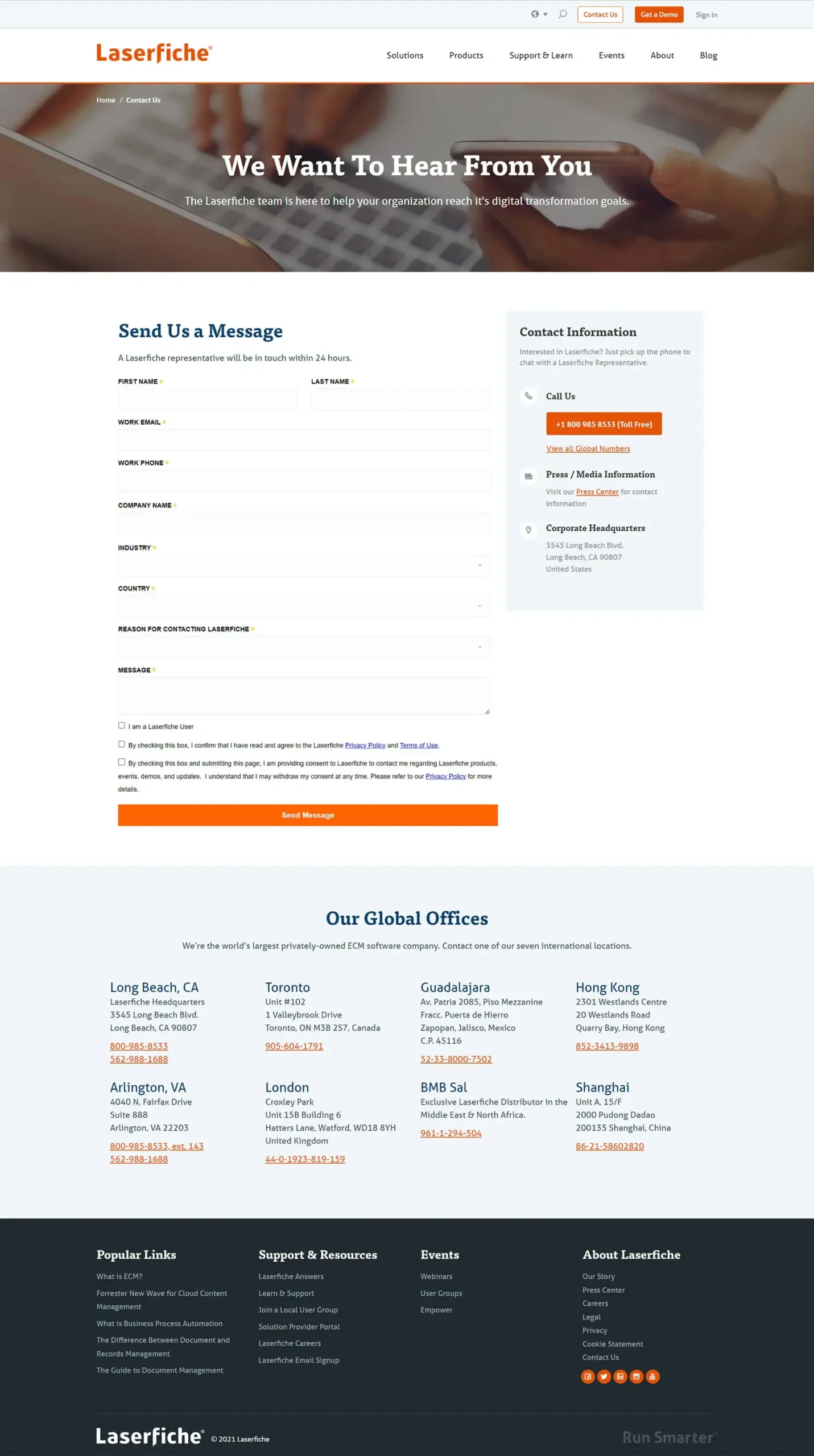 Contact Page, Laserfiche Website - Property of Laserfiche®