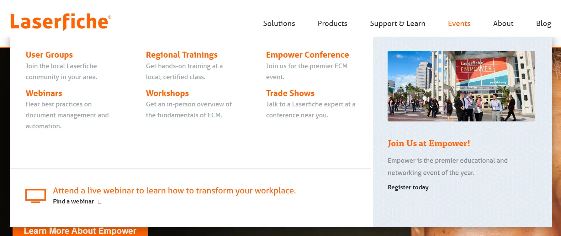 Laserfiche Website, Mega Menu, Events - Property of Laserfiche®