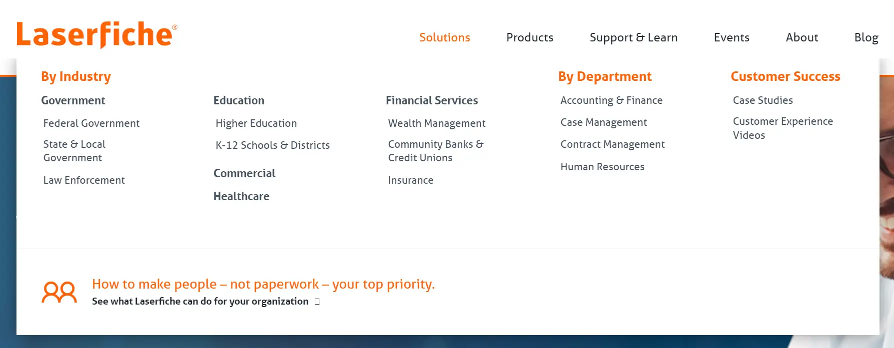 Laserfiche Website, Mega Menu, Solutions - Property of Laserfiche®
