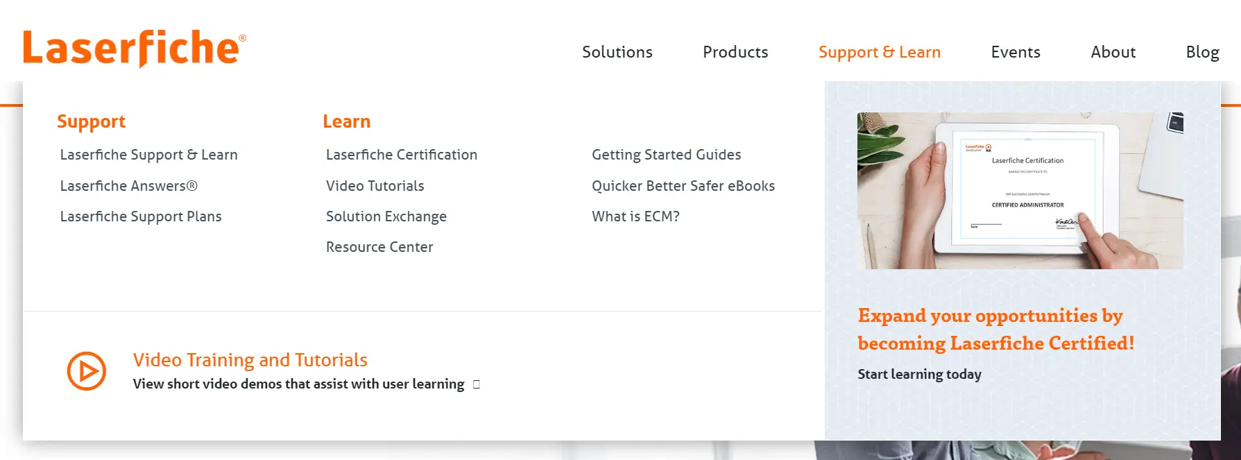 Laserfiche Website, Mega Menu, Support and Learn - Property of Laserfiche®